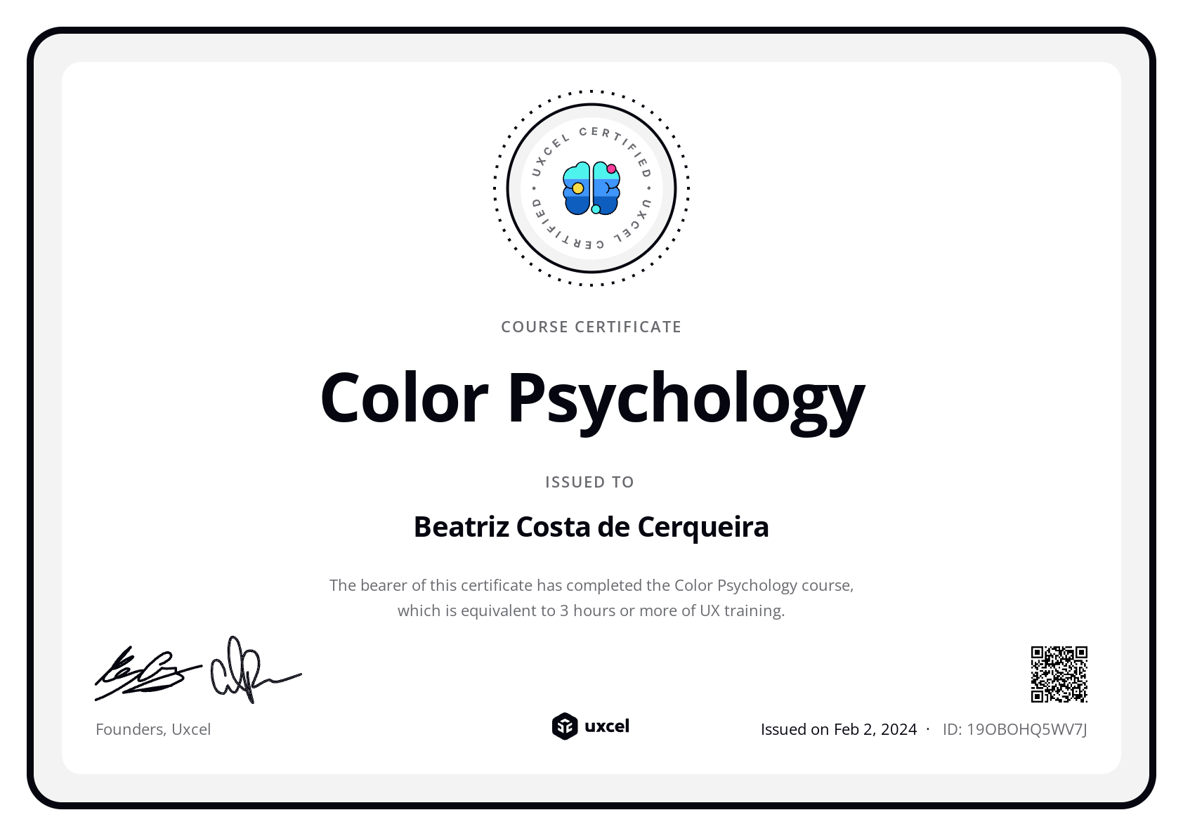 Beatriz Costa de Cerqueira's certificate